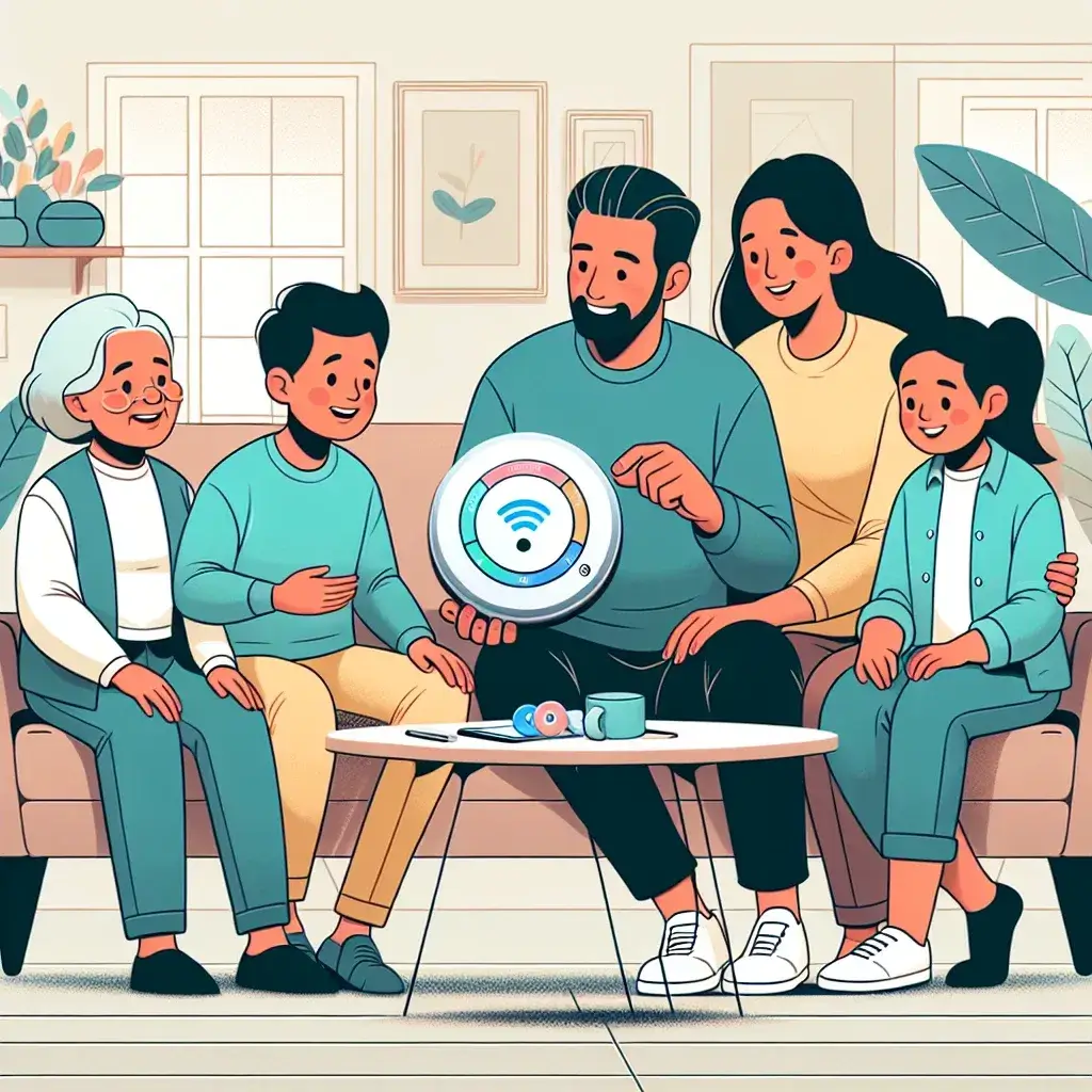 "Ilustrasi langkah-langkah menyiapkan AirTag untuk berbagi lokasi dengan keluarga, termasuk tampilan antarmuka aplikasi dan penggunaan fitur berbagi lokasi."